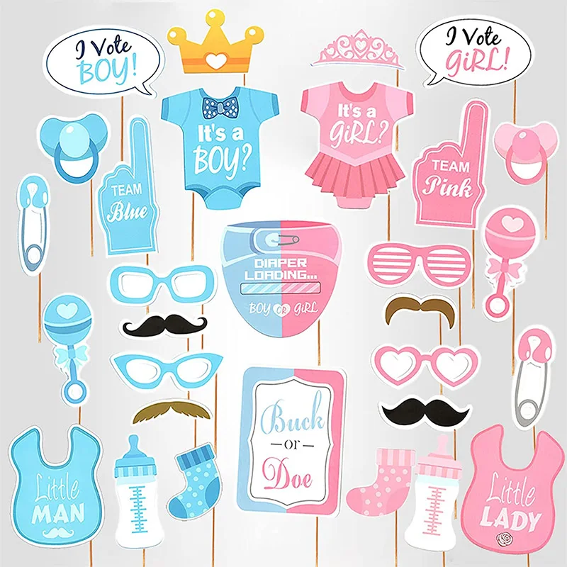 30 Pieces Boy or Girl Baby Photo Booth Props Gender Reveal Baby Shower Birthday Party Supplies