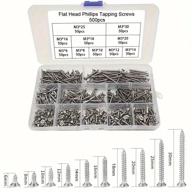 

500 шт., набор саморезов с крестообразной потайной головкой из нержавеющей стали 304, набор крестообразных винтов с плоской головкой