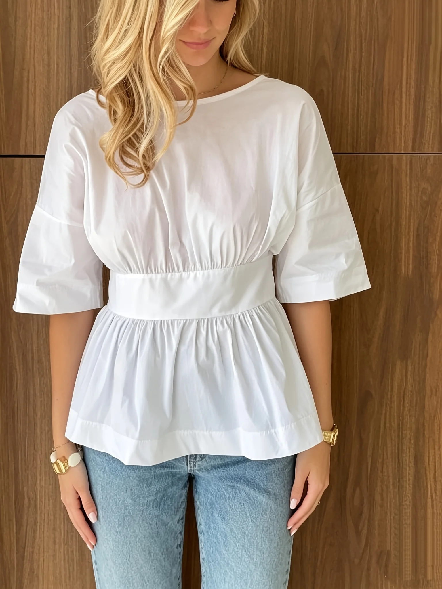 Women White Boat Neck Peplum Blouse, Elastic Waist Gathered Half Sleeve Casual Cotton Top