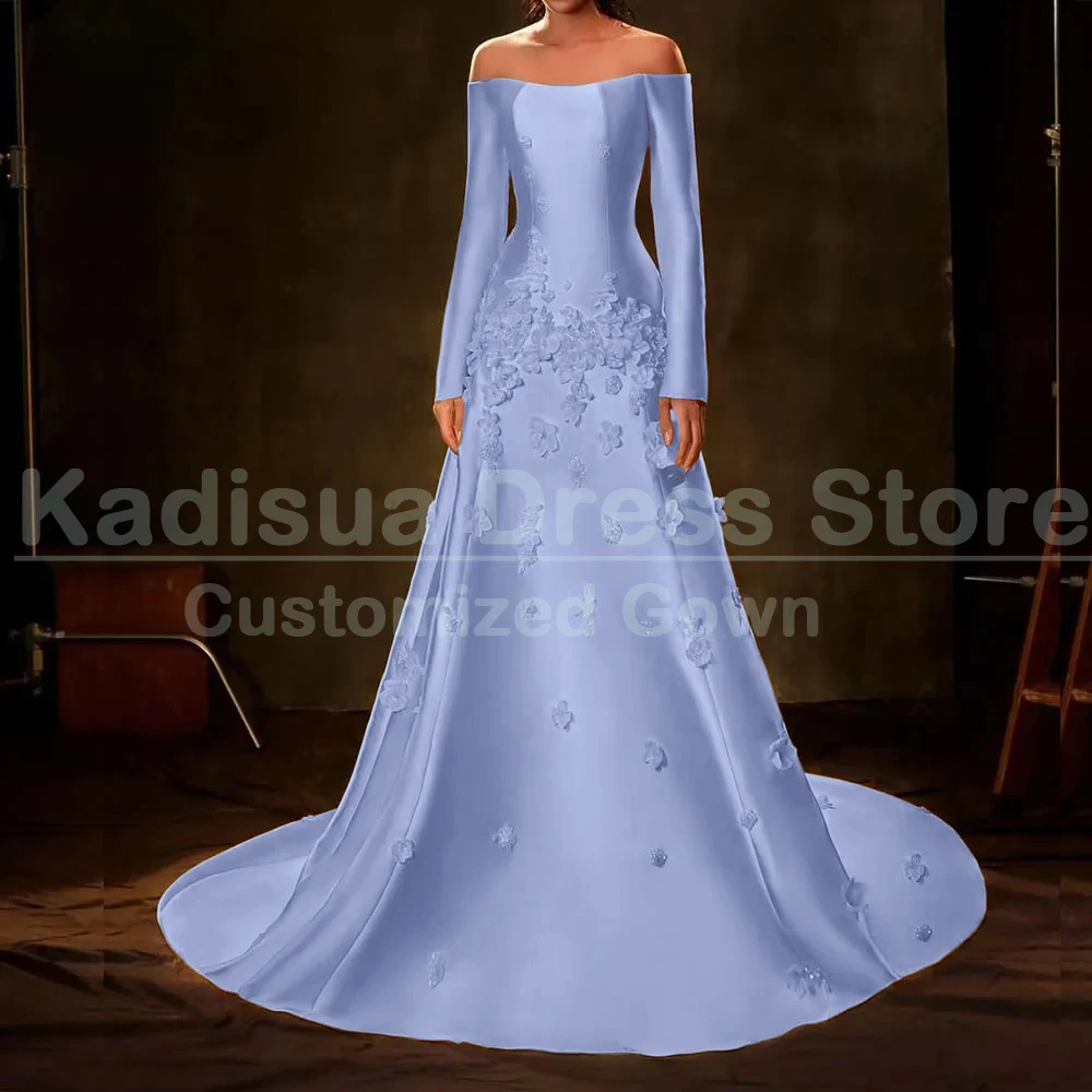 Luxury Appliques Evening Dresses Formal Long Sleeve Chapel Train Boat Neck Gowns Special Occasuin A-Line Birthday Party Dress