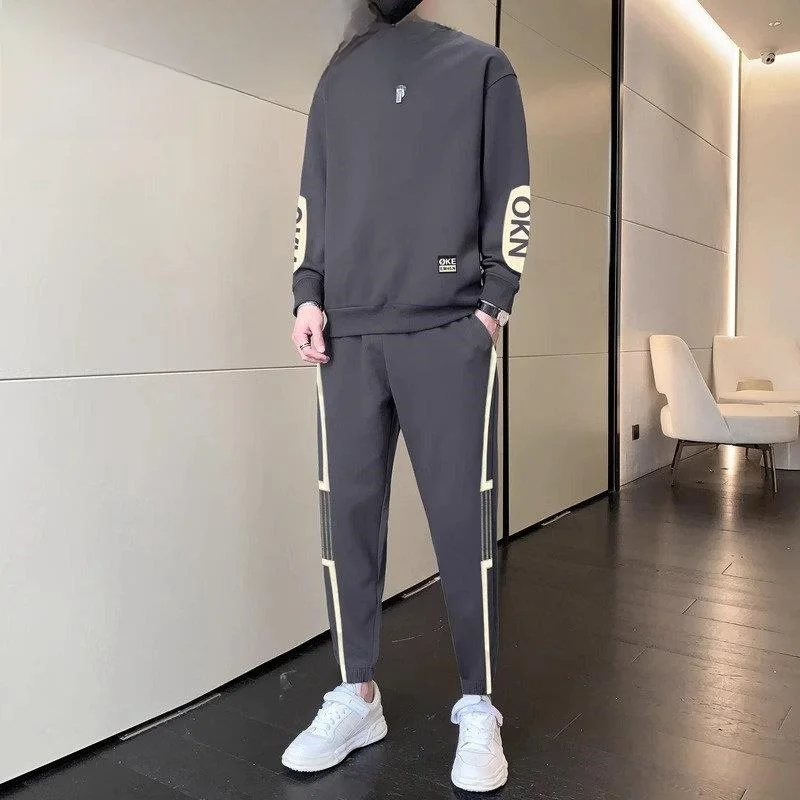 Conjunto de roupa esportiva casual masculina, camiseta de manga comprida e calça de moletom, estilo moderno para primavera/ve...