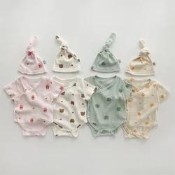 2024 Summer New Baby Short Sleeve Bodysuit + Hat Cute Animal Print Newborn Infant Clothes Toddler Boy Bear Jumpsuit Girls Bunny