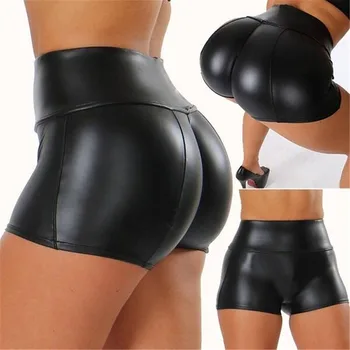 Image Sexy Nightclub Leather Shorts Women High Waist Stretch Push Up Black Short Leather Pants Sports Fitness Female Sexy Slim Shorts