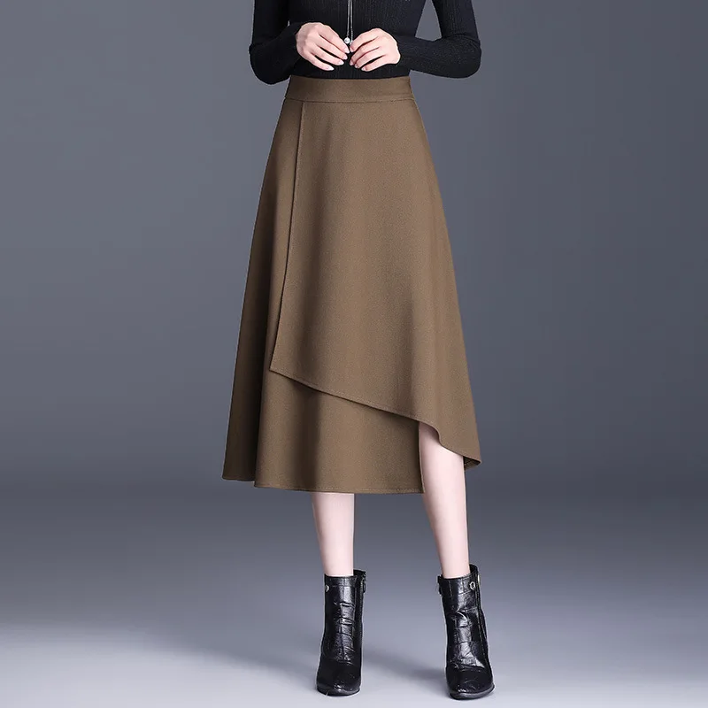 

Women Skirt Fall Winter High Waist Elegant Chic Spliced Office Lady Casual Loose A-line Black Coffee Work Long Skirts M-4XL 7321