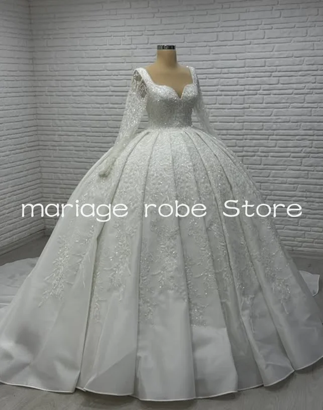 Vestidos de novia de princesa brillantes, escote en forma de corazón, manga larga, Gillter, cuentas de cristal, vestido de novia de Oriente Medio, ropa personalizada