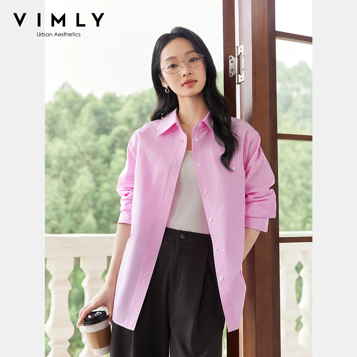 

VIMLY Casual Striped Lapel Shirt Women's 2025 Spring New Loose And Thin Turn-Down Collar Shirt Silhouette Cotton Top A0563
