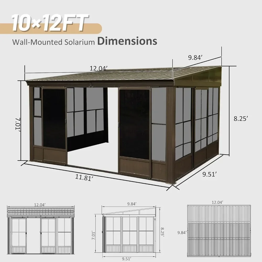 10x12FTWall Mounted Sunroom,Against Wall Solarium with Galvanized Steel Sloping Roof,Detachable PVC Screen,Lockable Sliding Door