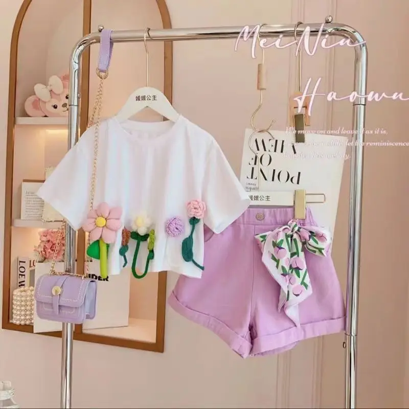 Children's Spring Summer 2024 New Girls Fashionable Sweet 3D Flower Short Sleeve Girls Ribbon Violet Shorts Two Piece Set Kids