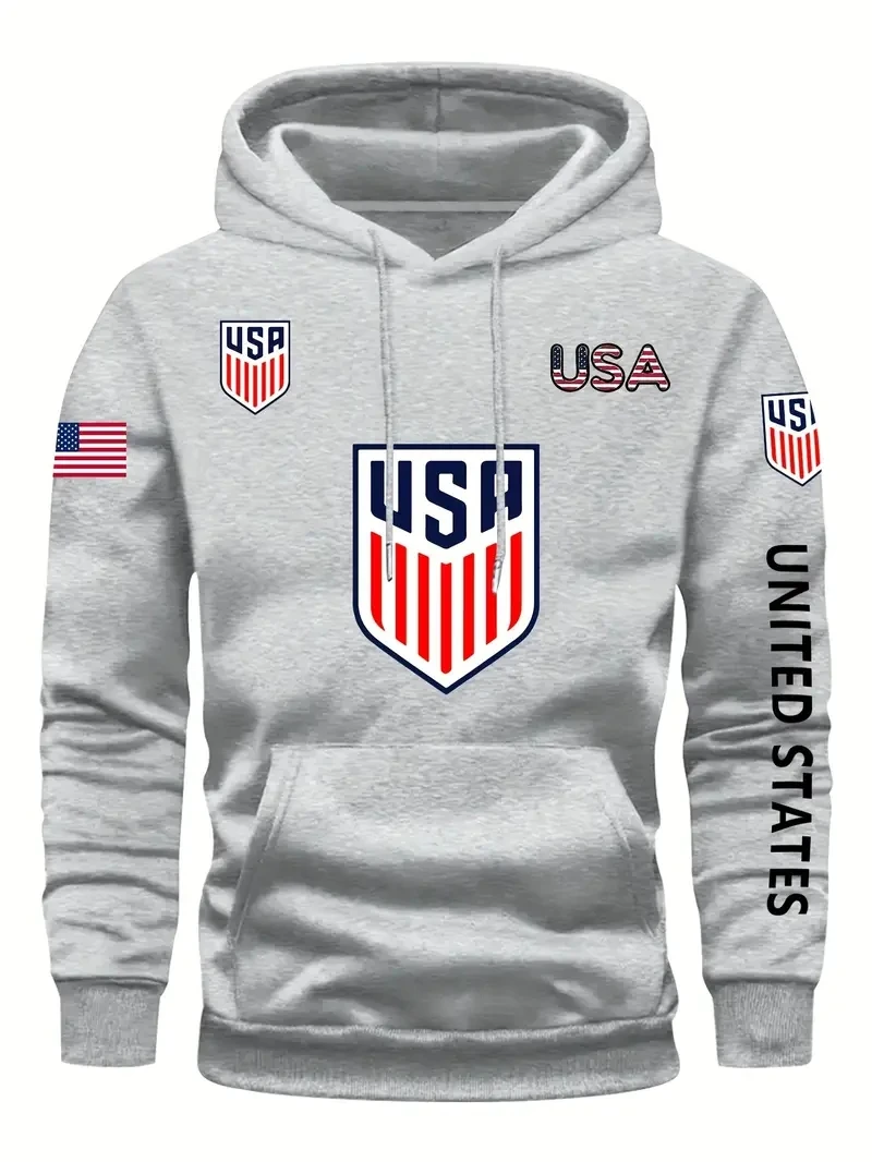 American Shield print, men's stylish casual hoodie with drawstring, comfortable long sleeve jumper