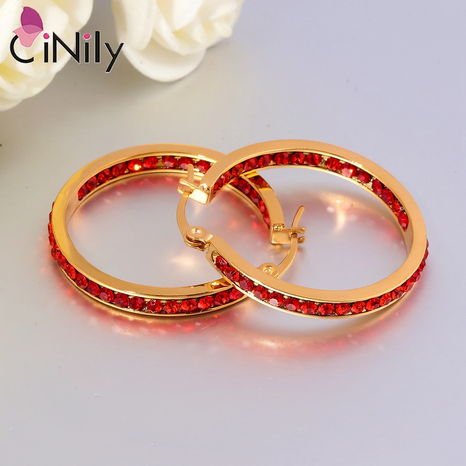 CiNily Stainless Steel Hoop Earrings with Stone Yellow Gold Plated Circle CZ Earring Rock Punk for Women Party Fashion Jewelry