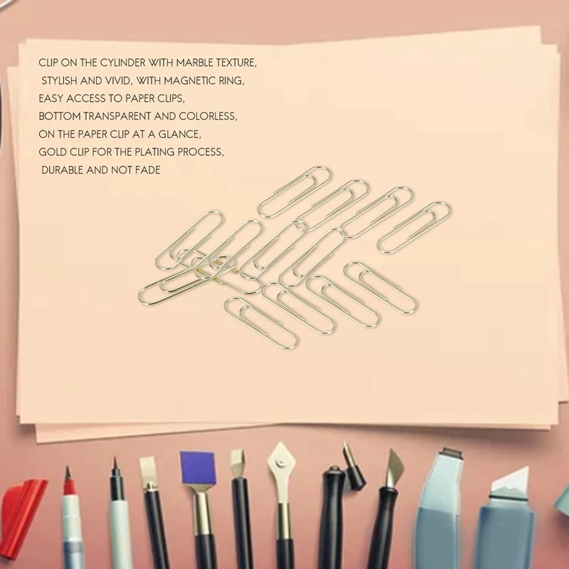 Gold Paper Clips In Elegant Magnetic Marble White Clip Holder, 28Mm, 100 Clips Per Box