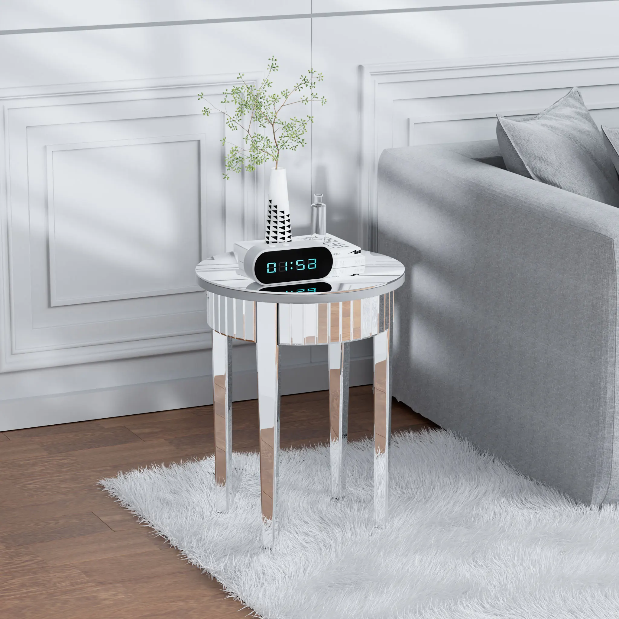 2-Tier Modern Small Sofa Table with Storage Round Side Table Mirrored Silver Accent Table for Living Room