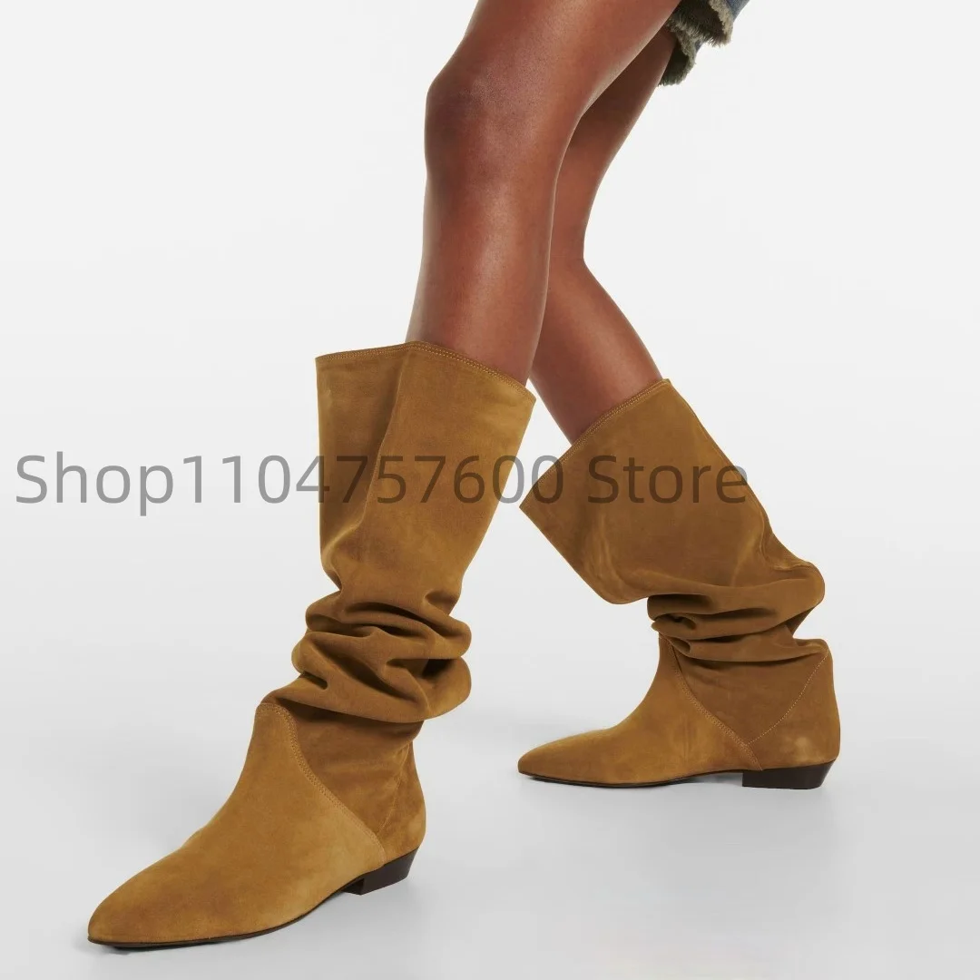 2025 Designer New Women's Cowgirl Boots Pointed Toe Chunky Heel Elevated Suede Stacked Pleated Vintage Ladies Knee-High Bootines