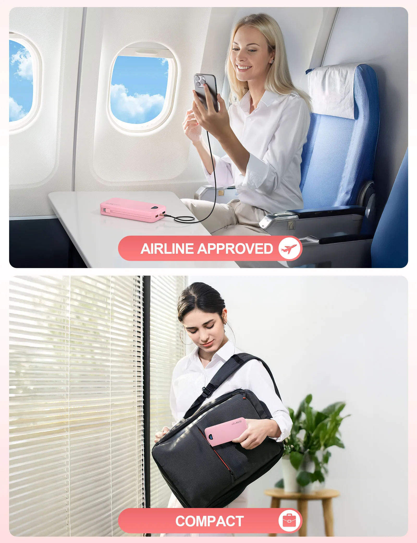 بنك طاقة 20000 مللي أمبير في الساعة مع قابس تيار متردد مدمج وكابلات مزدوجة، ومنفذ شحن سريع PD20W من النوع C، وشاحن محمول للسفر والتخييم