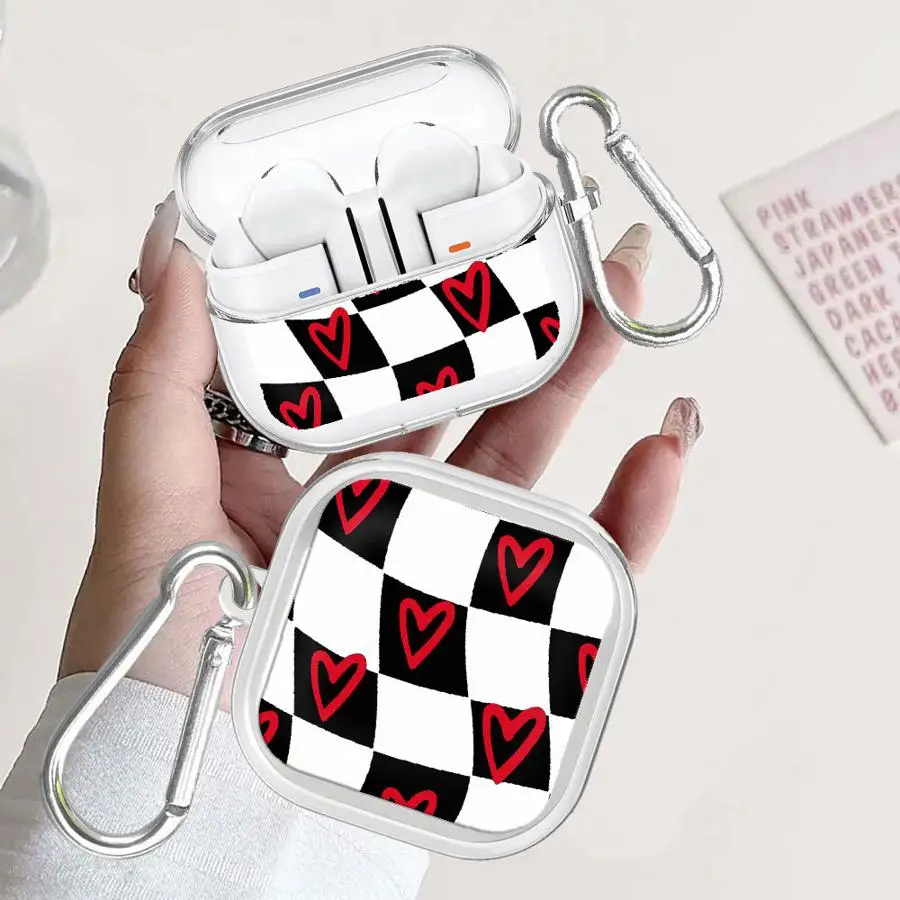 Haped Chessboard Red Heart Case For Samsung Galaxy Buds Live 4Pro 3 FE 3Pro 2 2Pro 4 Pro Clear Earphone Cases Cover With Hook
