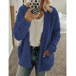 2023 Autumn/Winter Women's Fashion Casual Sweater Coat Pocket Solid Plush Top