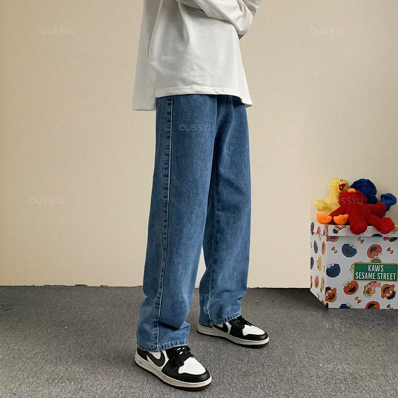 

Spring Summer New Streetwear Baggy Jeans Men Korean Fashion Loose Straight Wide Leg Pants Male Brand Clothing Black Light Blue