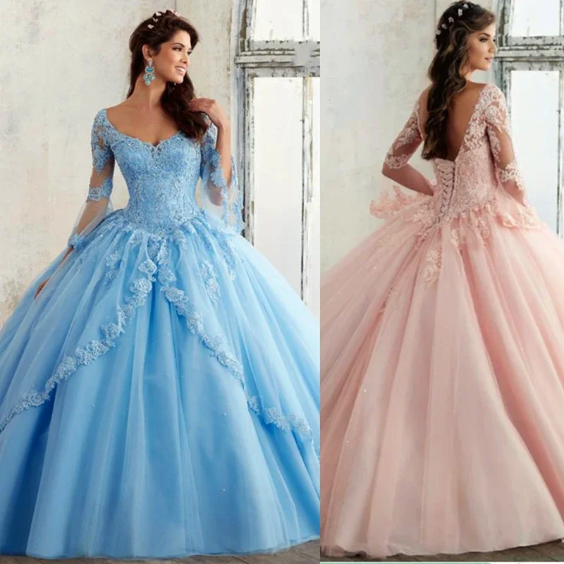 Sky Blue Long Sleeve Prom Dresses Ball Gown Pink Women Girl Princess Lace Prom Lady Suit Wedding Vestidos Elegantes Para Mujer