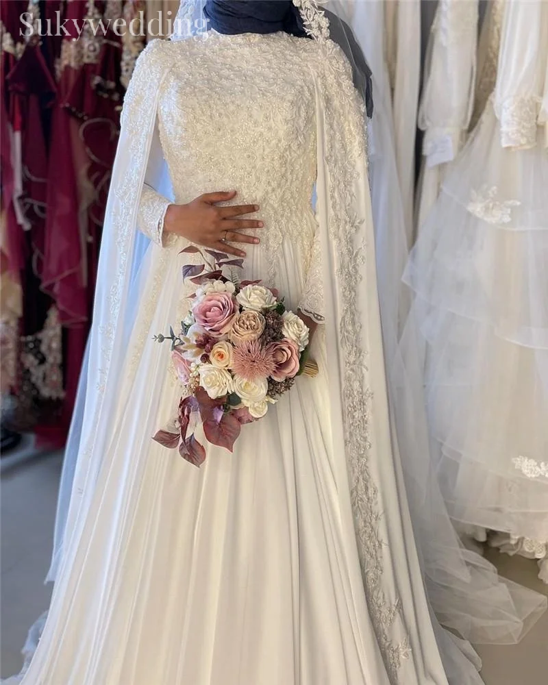 Muslim Wedding Dresses with Cape Long Sleeves Chiffon Applique Pearls Lace Islamic Arabic Bride Bridal Gowns High Customized