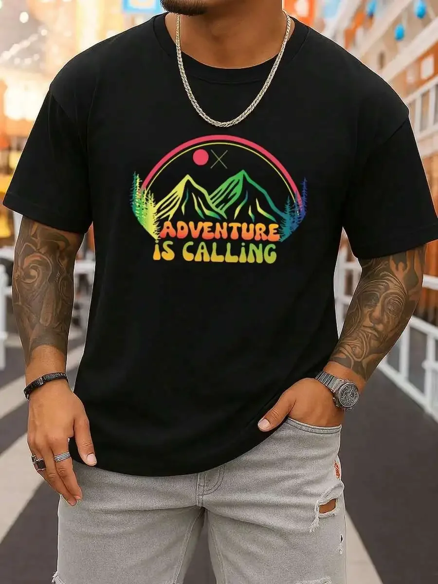 Adventure Calling Tee For Men| Black Graphic T-Shirt, Crew Neck, Fashionable And Printed, Machine Washable, Casual And Sporty Lo