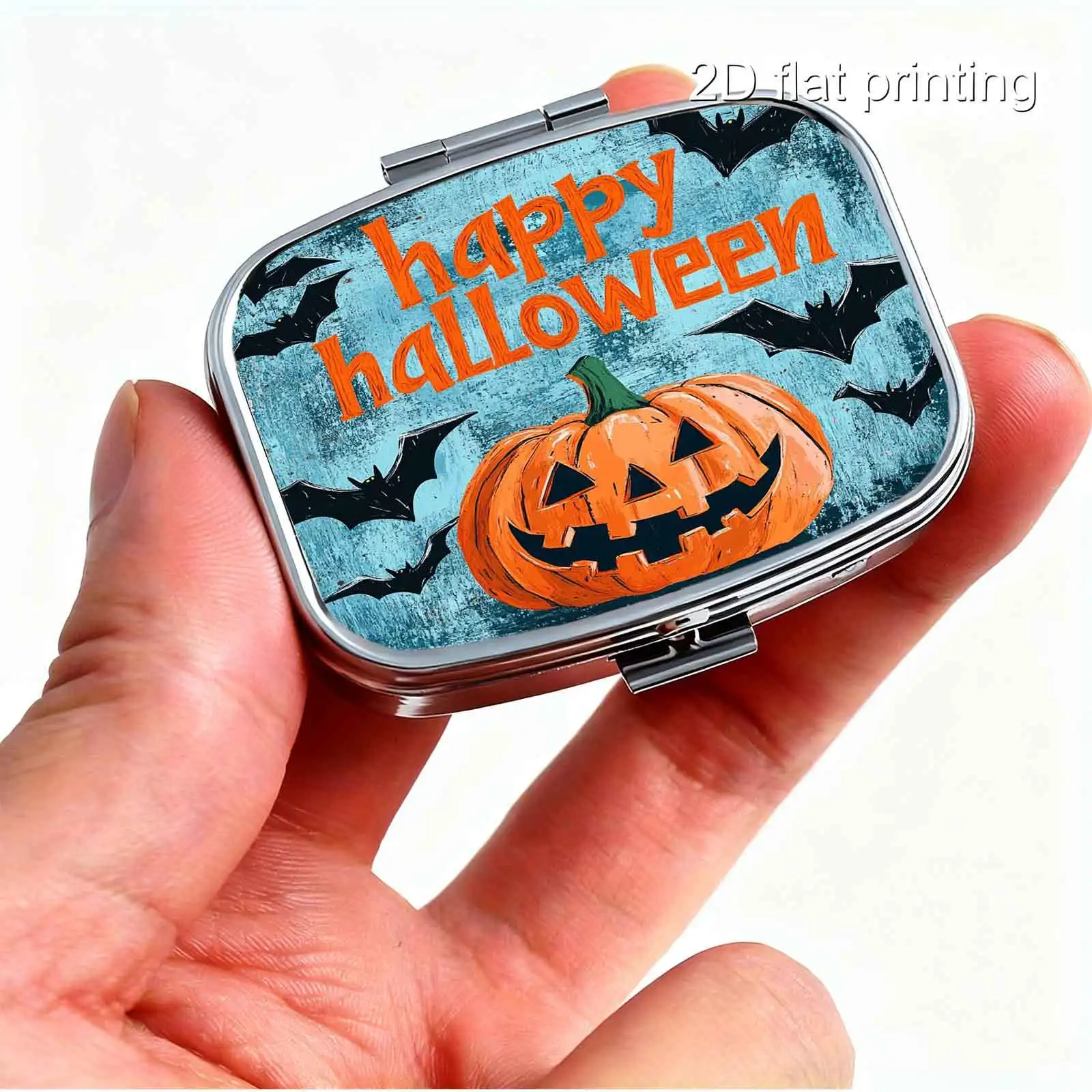 1Pc Flat Printing Pill Box, Portable Metal Material, Orange Background with Bat, Pumpkin, Happy Halloween Text Pattern, Contrasting Color Retro Matte Square Style Design Capsule Box, Portable Small Pill Box, Vitamin Compact Creative Small Accessory Box, Small Particle Storage, Gift-Giving Choice, Portable and Easy to Carry