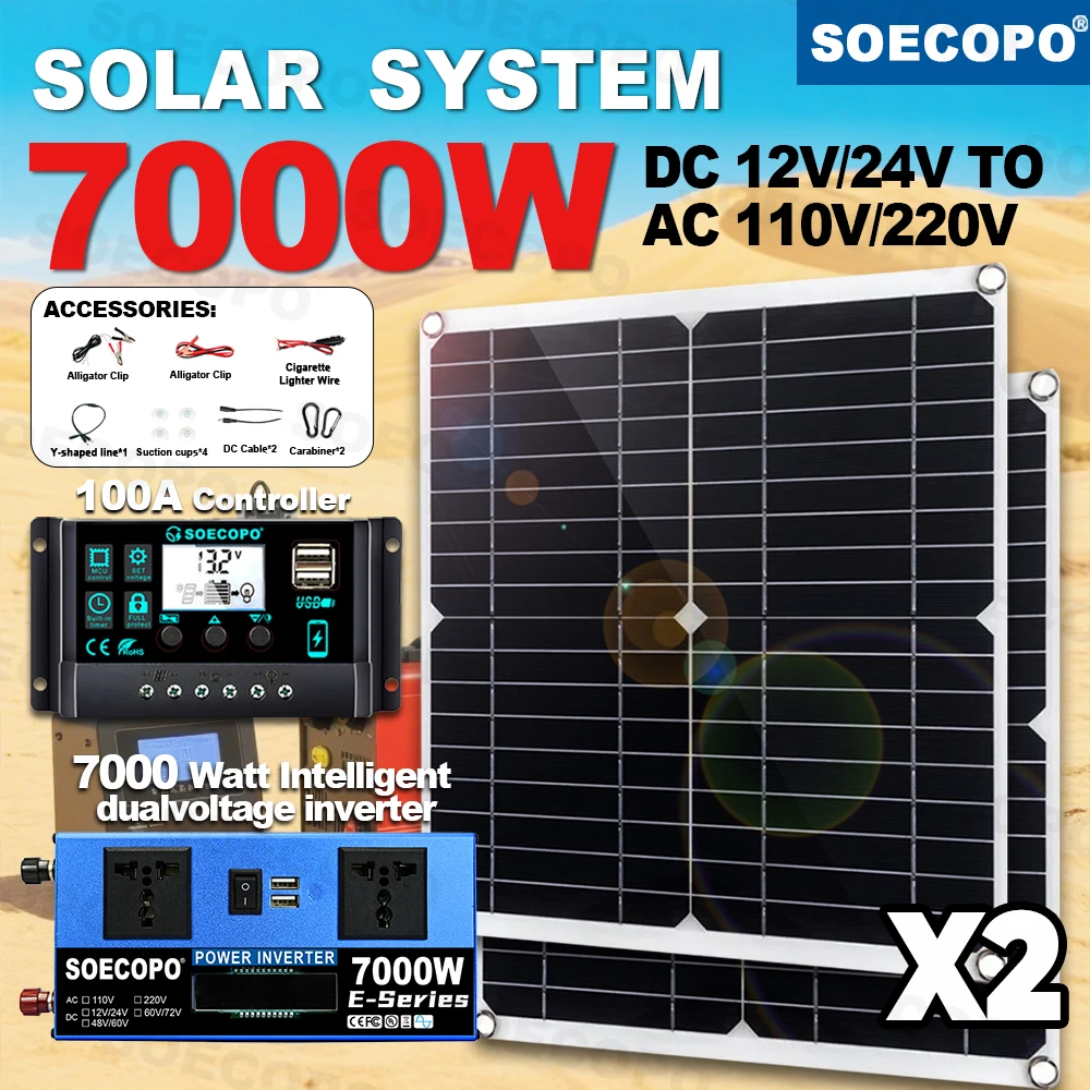 

SOECOPO 7000W Solar System Kit with 2*600W Photovoltaic Panels 100A Controller Inverter USB 12V to AC 110V/220V for Camping Home
