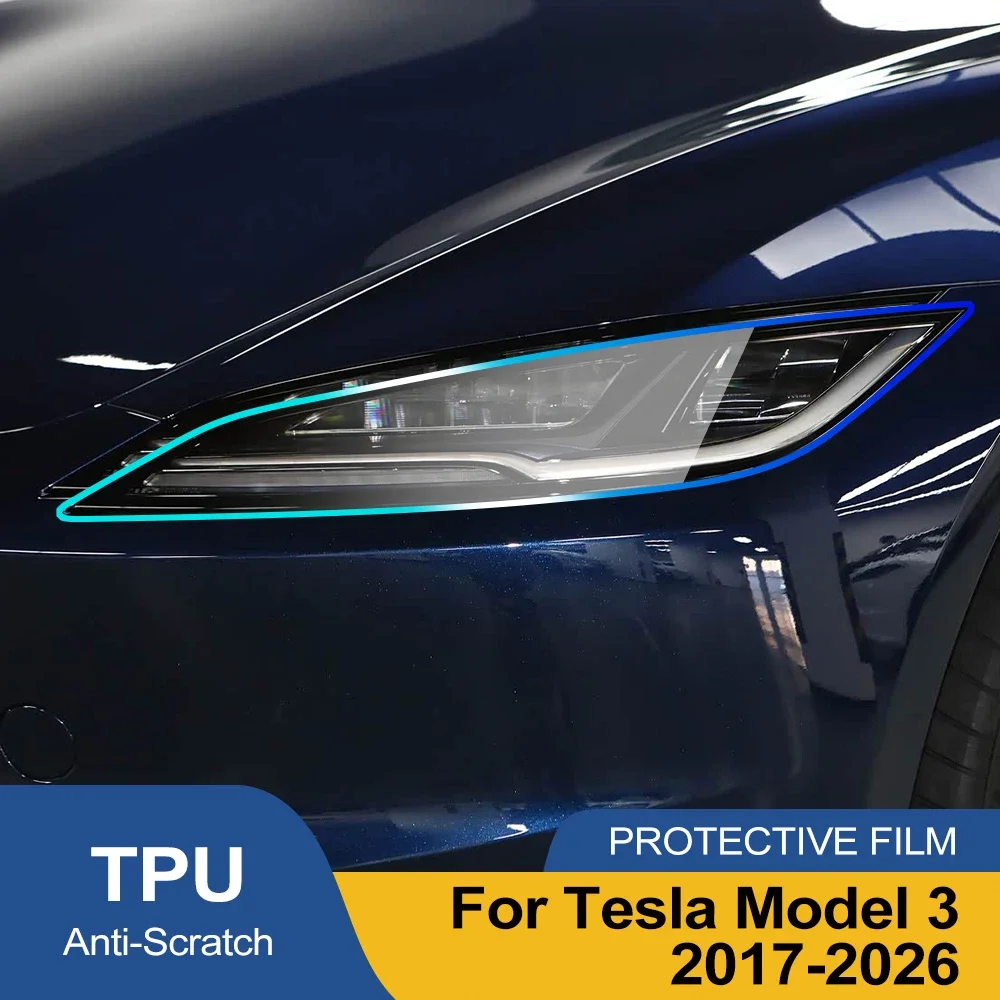 For Tesla Model 3 2017-2026 High-Gloss Smoke Black Pre-Cut TPU Headlight Protection Film PPF Kit Anti-Scratch Vinyl Wrap Cover