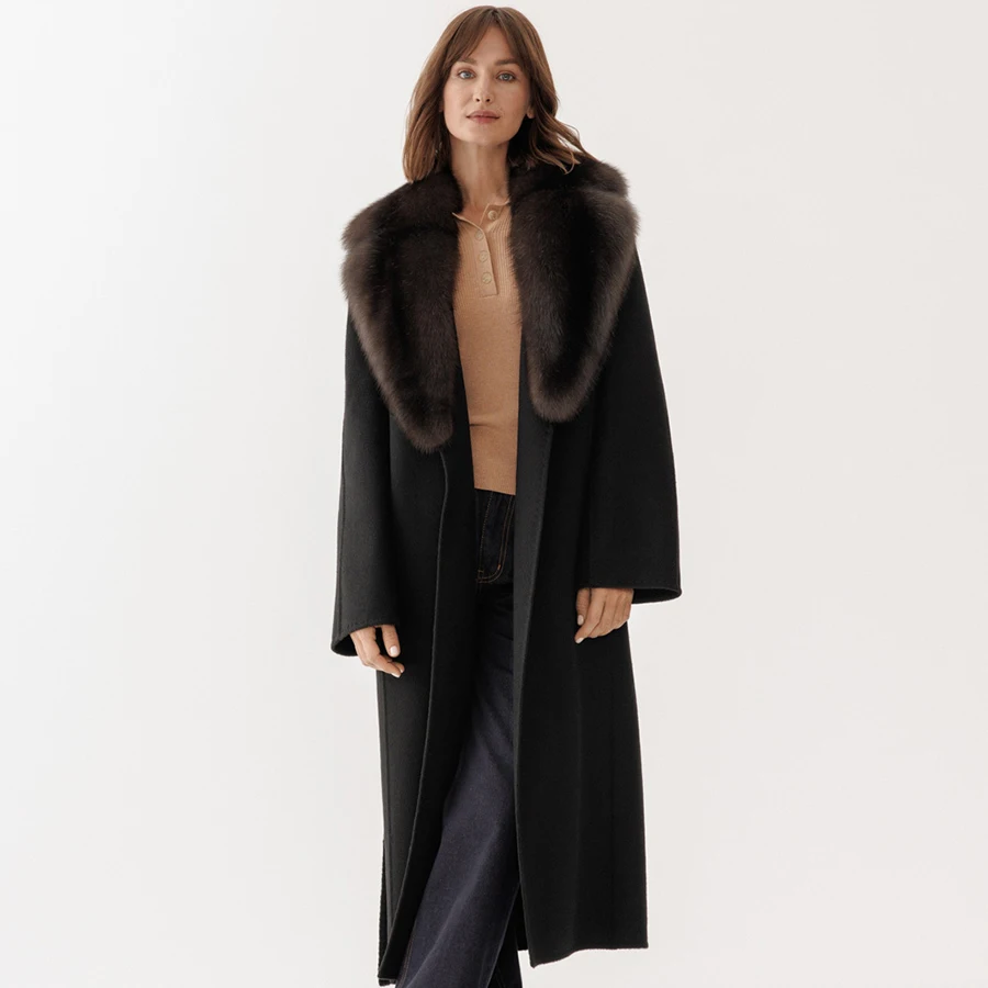 Winter Wool Coat Womens Real Fox Fur Collar Jackets Black Long Women Genuine Fur Coat