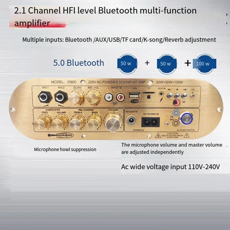 Woopker Audio Amplification Board D900 Channel 2.1 HIFI Bluetooth 5.0 50W+50W+100W Digital Media Power Amplification Board