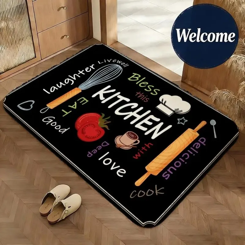 Kitchen Doormat Cooking Utensil Tomato Bless Quote Print Indoor Outdoor Entryway Kitchen Decor Home Decoration Welcome