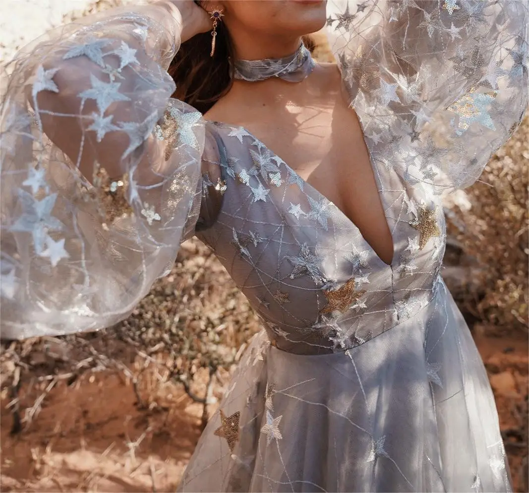 Celebrity Unique Boho Wedding Dress Gray Tulle A-Line White and Gold Sequin Star Bell Sleeve Front and Back Deep V Neck Dress