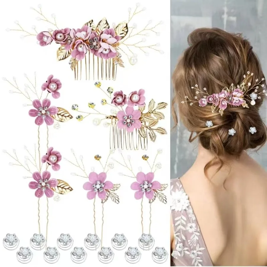 

18 Pieces Bridal Wedding Party Prom Pearl Rhinestone Flower Hair Side Combs Slides+U-shaped Flower Hair Pins+Twist Spiral Hairp