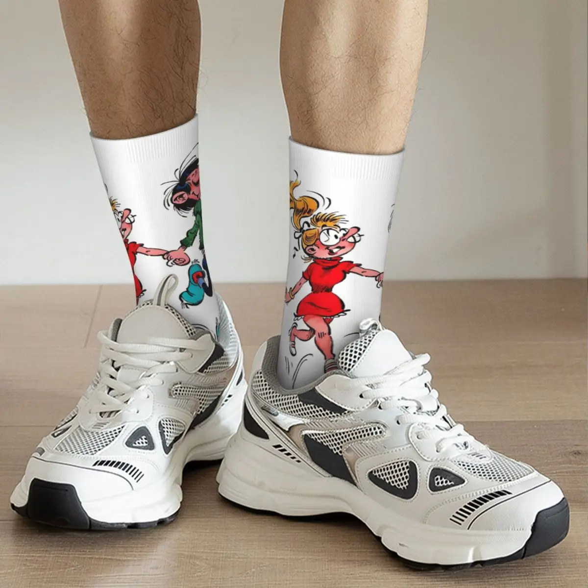 Crazy compression Sock for Men With Girl Hip Hop Harajuku Gaston Lagaffe Comics Happy Seamless Pattern Printed Boys Crew Sock