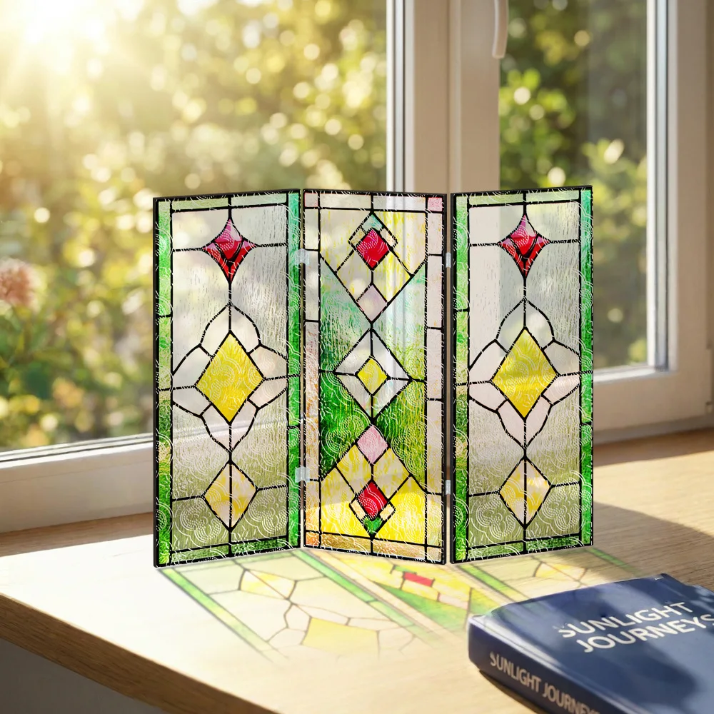 Green Acrylic Folding Screen, Begonia Pattern Translucent Screen Decorative Painting Table Setting.Study Sideboard Table Decor
