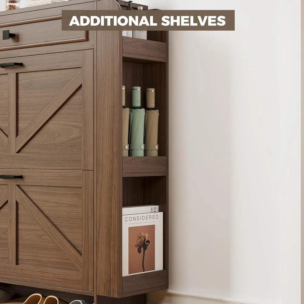 IRONCK Shoe Storage Cabinet with 2 Flip Drawers & Barn Door Design, Freestanding Shoe Cabinet Organizer with Drawer and Shelves