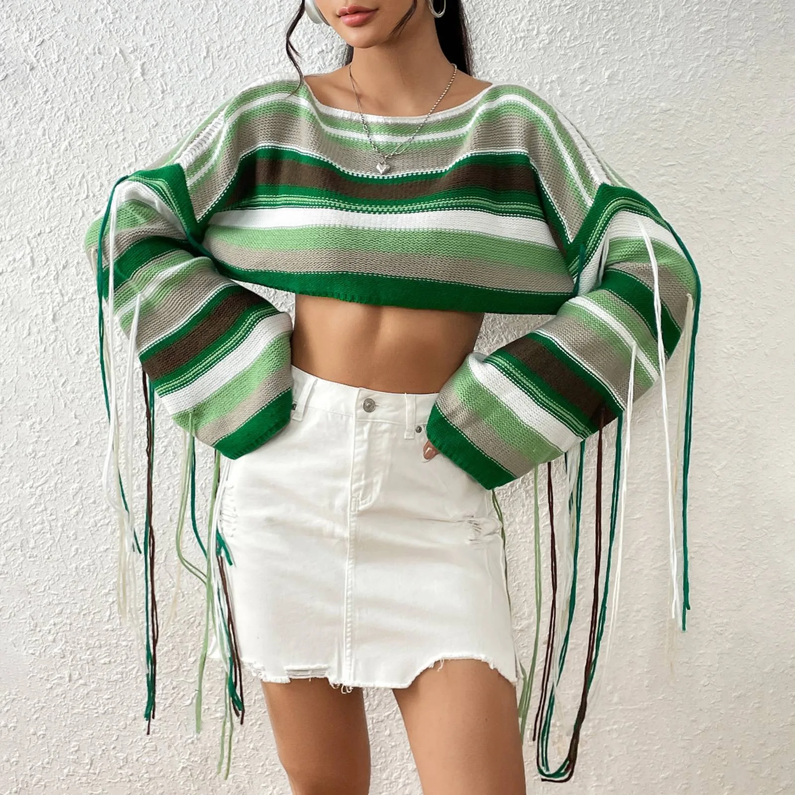 Women'S Rainbow Fringe Sweater Crewneck Long Sleeve Crop Short Sweater Fashion Trend Personality Pullover Elegant Aesthetic Top