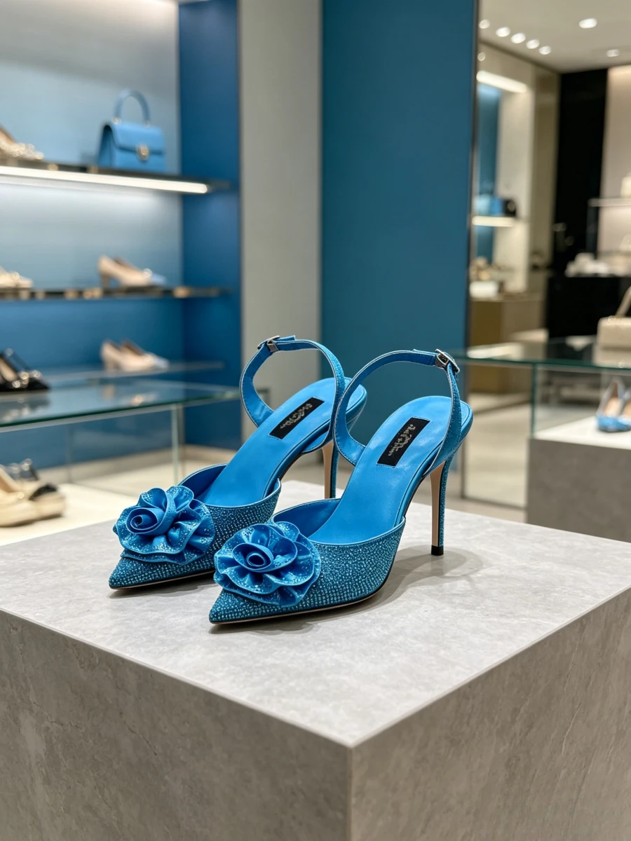 

Bright Blue Satin 3D Rose Flower Full Rhinestone Pointed Slingback Stiletto Heels, Luxury Runway Formal High Heels Middle Aged