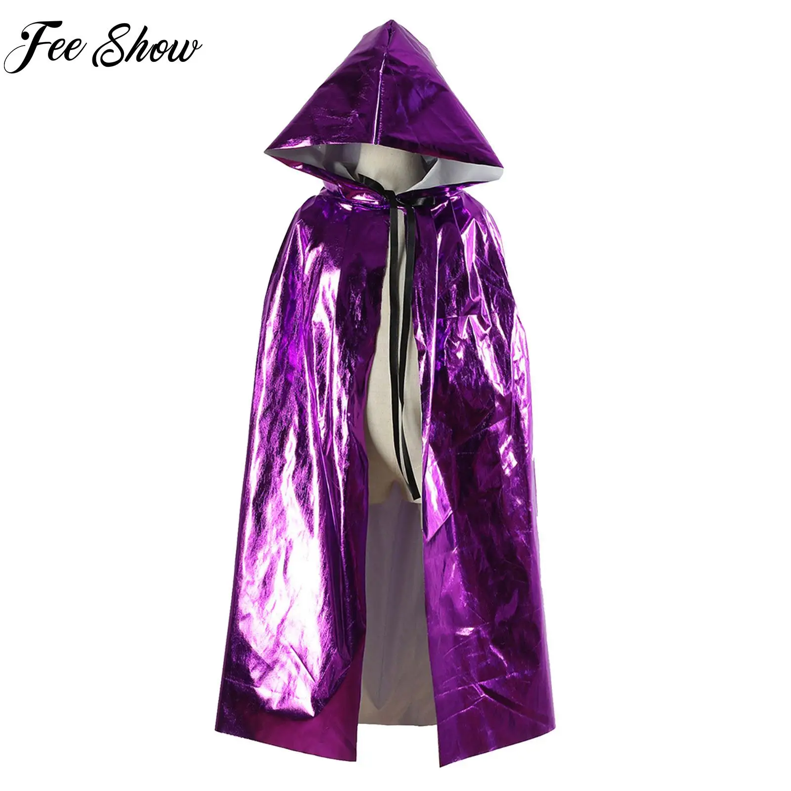 Kids Girls and Boys Shiny Metallic Hooded Cape Halloween Witch Vampire Cosplay Cloak Costume