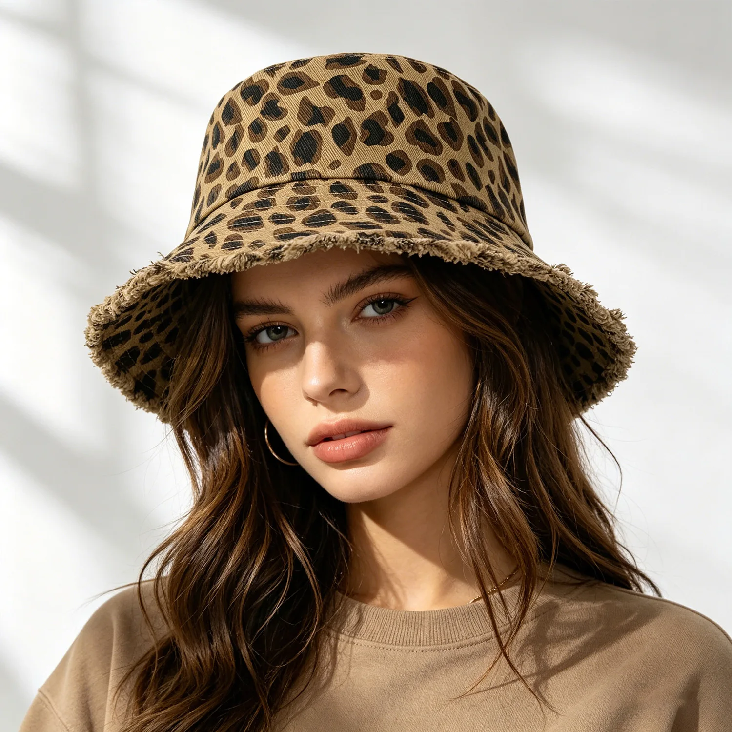 retro leopard print burr bucket hat women's summer outdoor mountaineering denim sun hat big brim sun hat 2