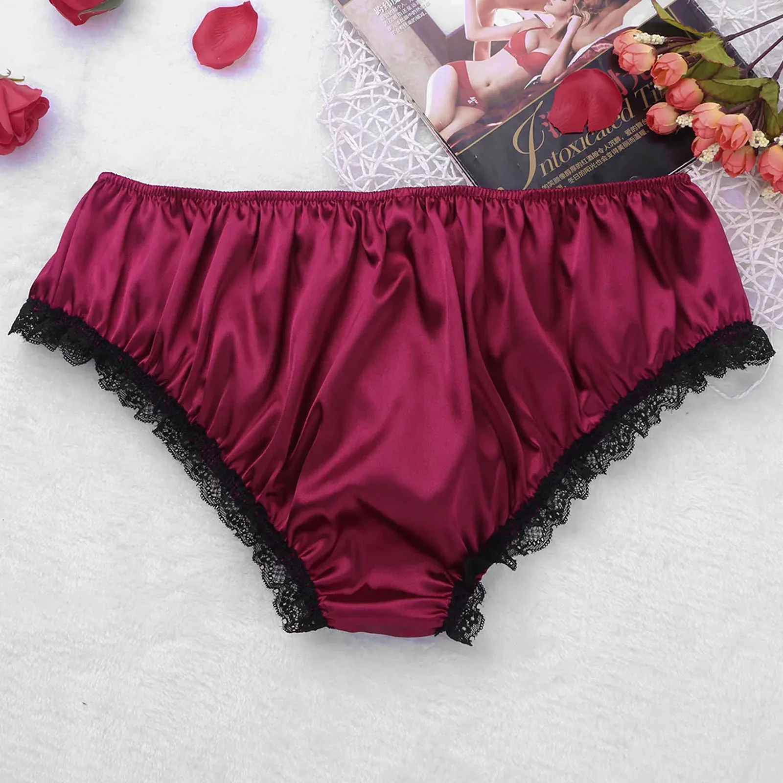 Gay Mens Ruffle Panties Sissy Crossdress Bikini Briefs Lingerie Shiny Satin Cute Lace Bow Underwear Lolita Knickers Nightwear