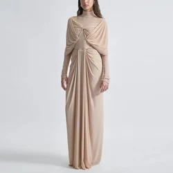 Elegant Dresses With Long Sleeves Sheath/Column Spandex Saudi Formal Evening Dress Ivory Pleat High Collar Prom Gown Long