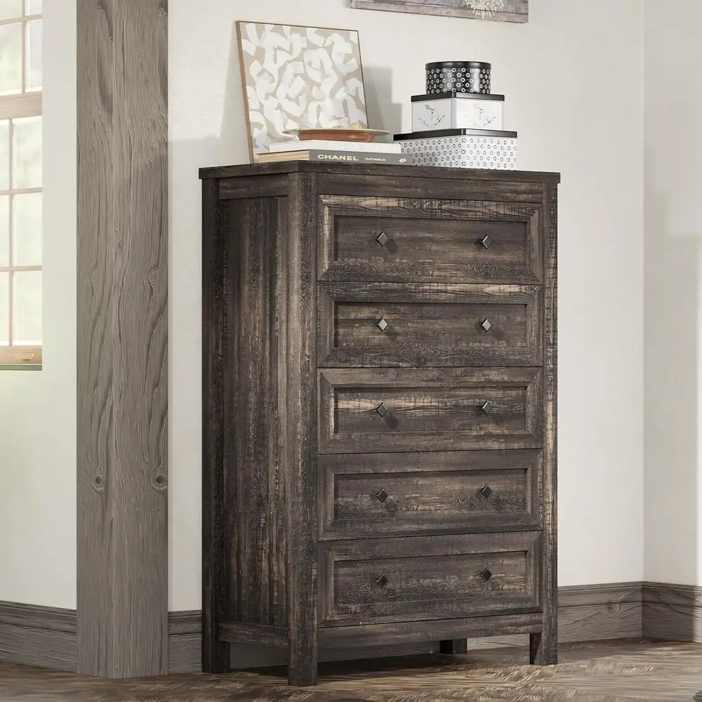 5 Drawer Tall Wood Chest for Bedroom, Hallway, and Entryway in Natural Texture Finish