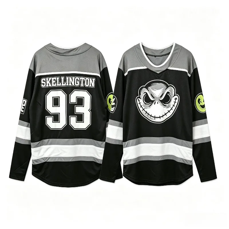 Unisex Jack Skellington Inspired Ice Hockey Jersey 3D Print #93 Long Sleeve Breathable Quick Dry Halloween Couple Fan Sports Top
