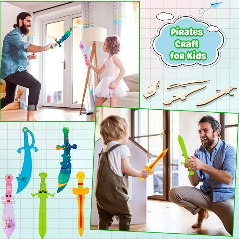 

5/10pcs Toy Wooden Swords Set Halloween Art Activity Cosplay Supplies for Kids Birthday Unfinished Pirates Wooden Painting Props