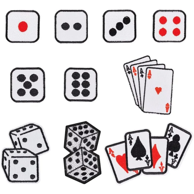 10Style Dice Poker Ace Clothes Patch Iron on Embroidered Applique Roll of Dice Embroidered Applique Playing Card Gaming Applique