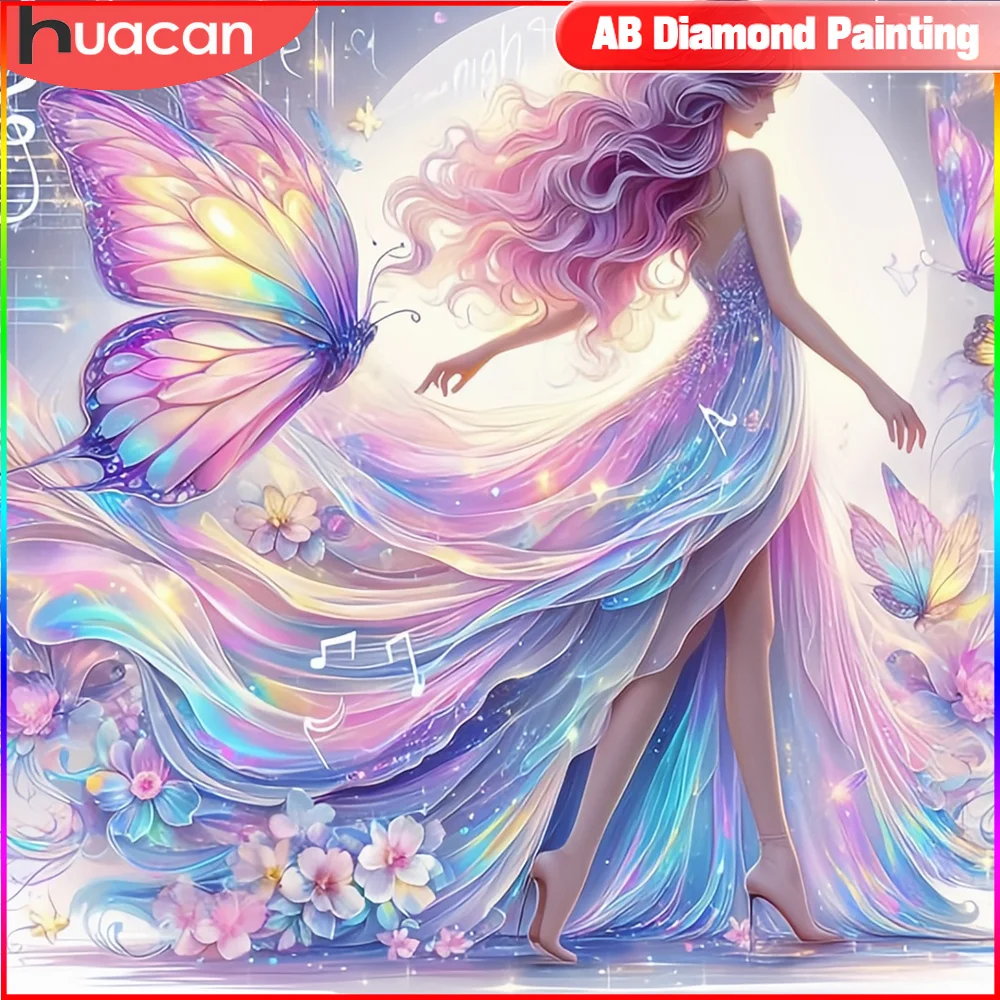 HUACAN Diamond Mosaic Girl Picture Rhinestones Butterfly Embroidery New Arrival Painting Flower Wall Decor Living Room