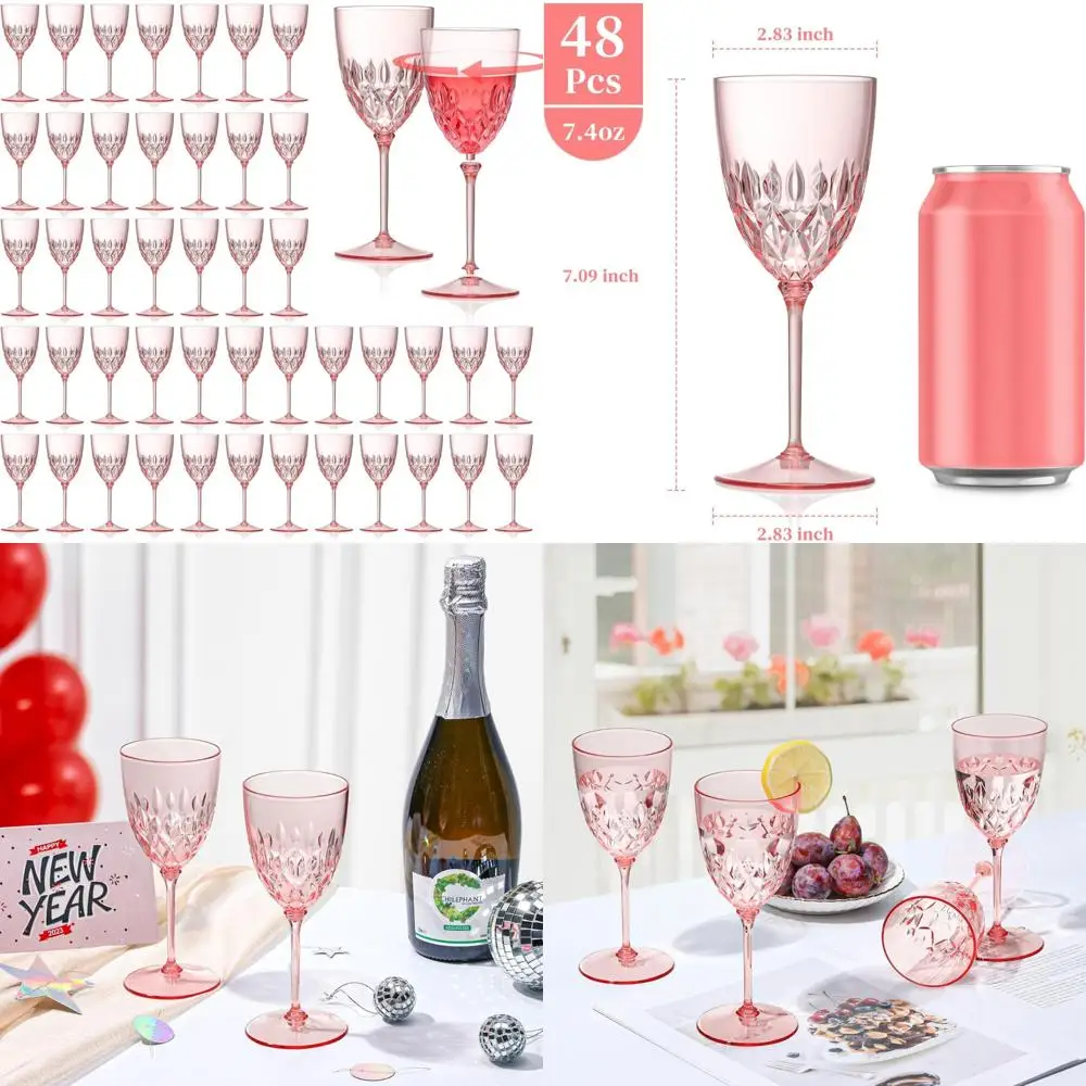 

Unbreakable Plastic Pink Wine Glasses - 48 Pack, 7.4oz Detachable Stem, Small Goblets for Champagne and Vintage Events