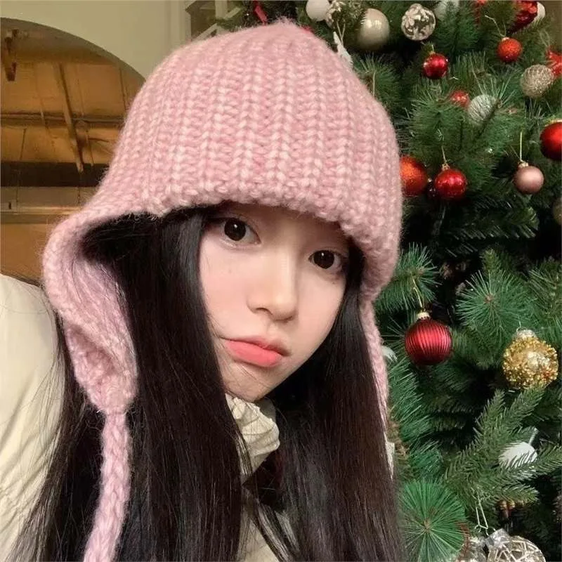 Women Winter Ear Flap Hat RidingCold Warm Face Small Head Knit CapExtended Ear Protector OutdoorWindproof Headwear