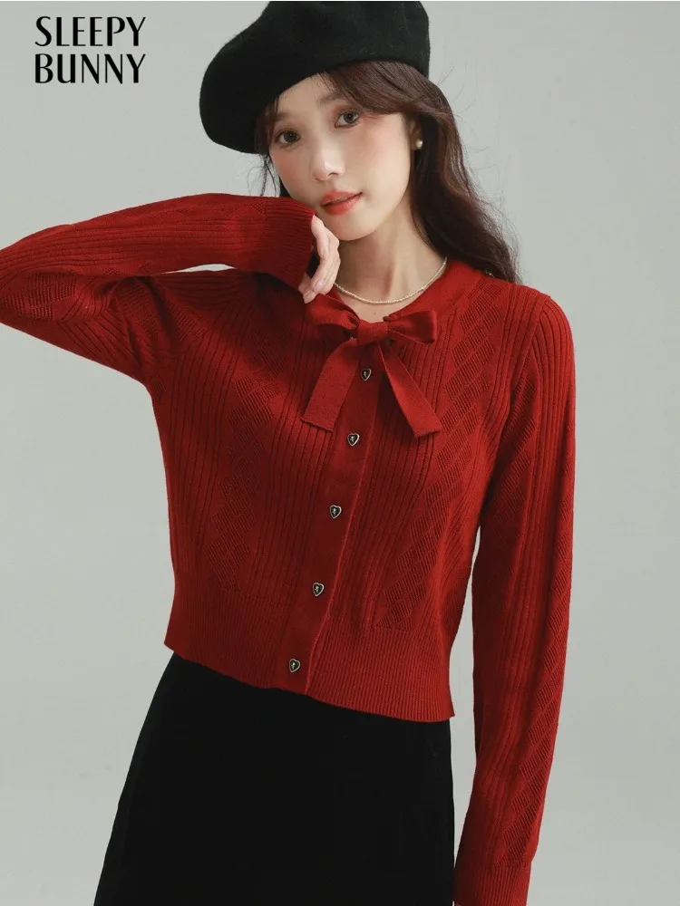 

Vintage Bow Tie Knit Cardigan for Women Fit Short Sweater Top Elegant Button Front Long Sleeve Knitwear Autumn Daily Office Look