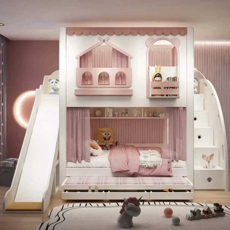 

High and low bed children's sister bed height guardrail sliding elevated bed